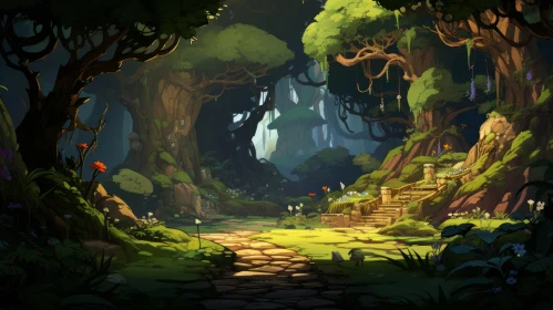 Whimsical Forest Pathway: Enchanting Cartoon-Style Illustration