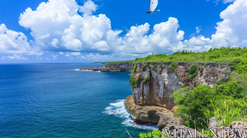 Windsurfer Flying Over Cliffs with Blue Sea and Sky | Enigmatic Tropics AI Image