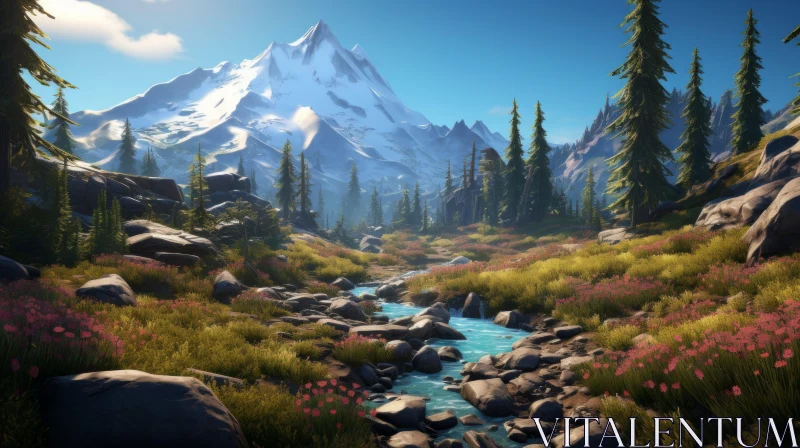 Winter Wilderness in a Video Game: A Captivating Mountain Stream Scene AI Image