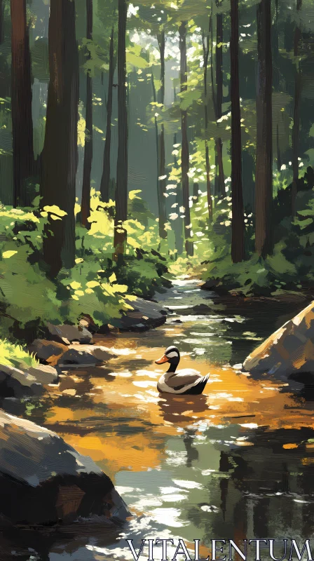 Tranquil Duck in Forest Stream AI Image