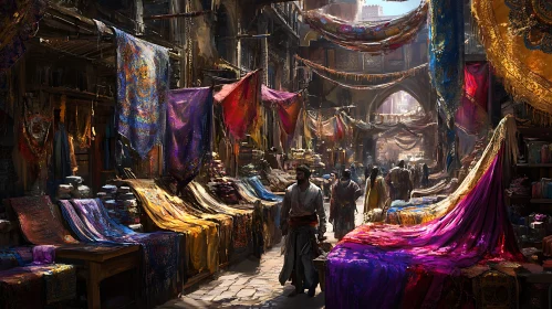 Bustling Marketplace with Textiles and People