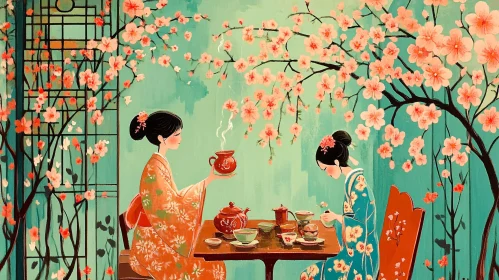 Serene Tea Time with Cherry Blossoms