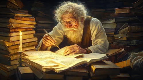 Old Man Writing in Library