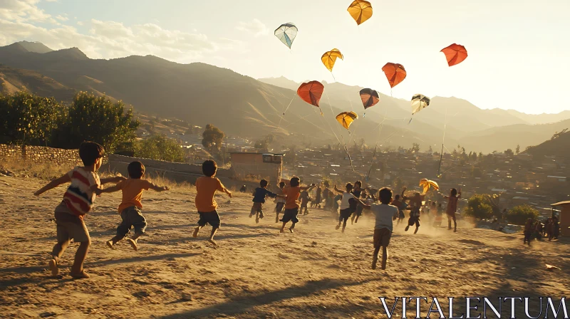 Kids Running with Kites in Mountainous Village AI Image