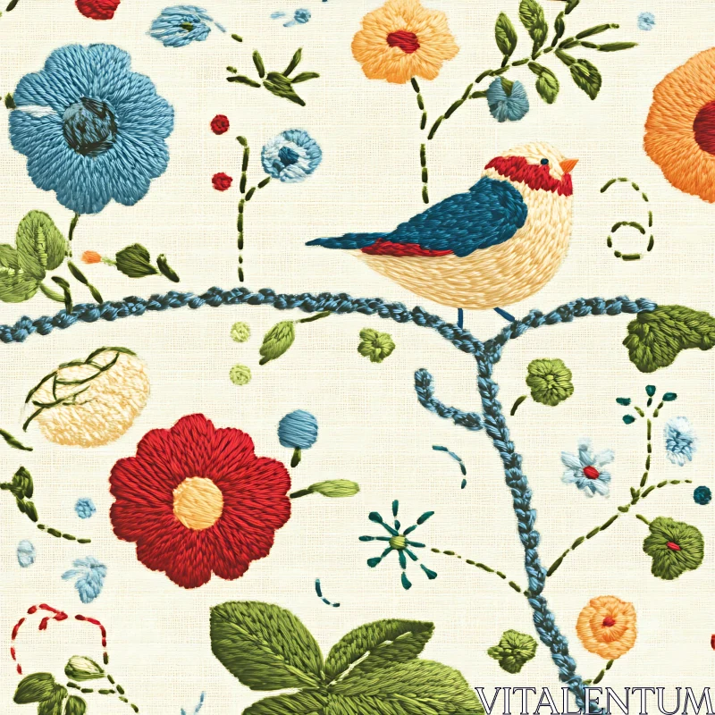 Colorful Bird Embroidery with Floral Designs AI Image