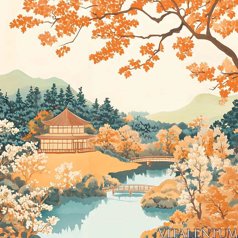 Peaceful Autumn Scene with Temple and Nature AI Image