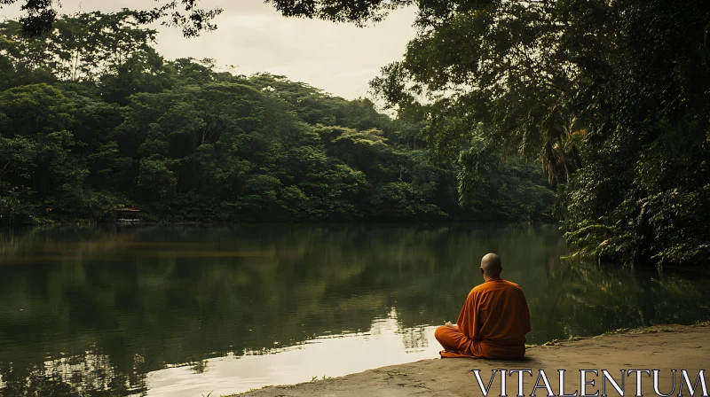 Peaceful Meditation by the Lakeside Forest AI Image