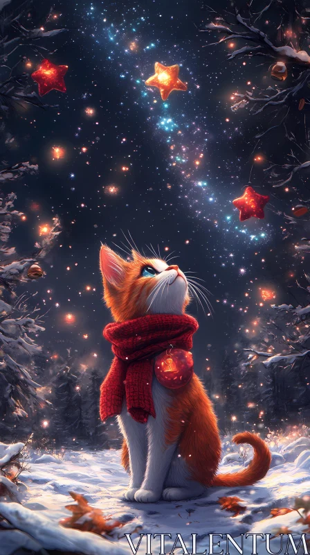 Winter Magic with a Curious Cat AI Image