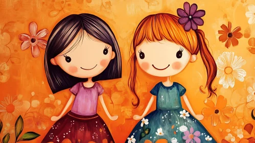 Whimsical Cartoon Girls in Orange Garden