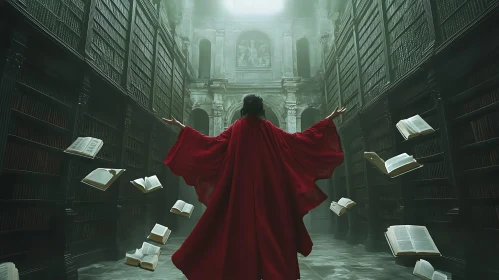 Magical Library with Red Cloaked Figure