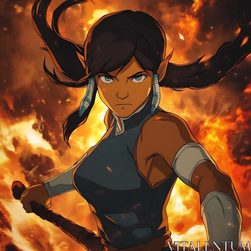 Warrior Woman in Fiery Background AI Image