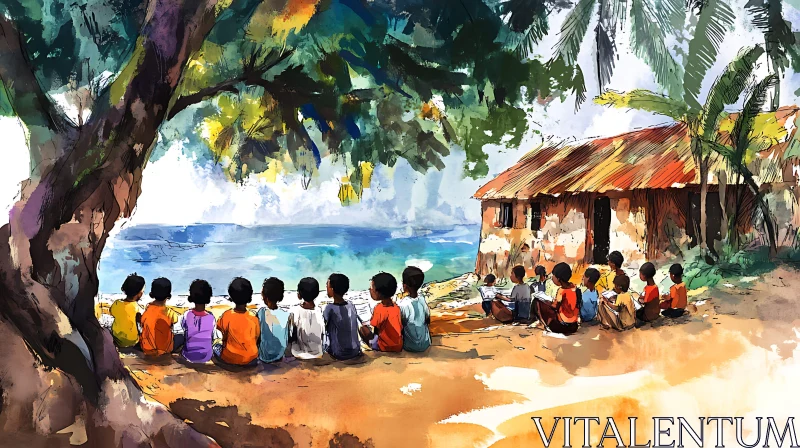 Kids Learning by the Ocean AI Image