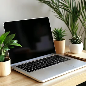 Minimalist Desk Setup with Laptop and Plants