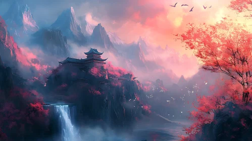 Mountain Pagoda with Waterfall Scenery