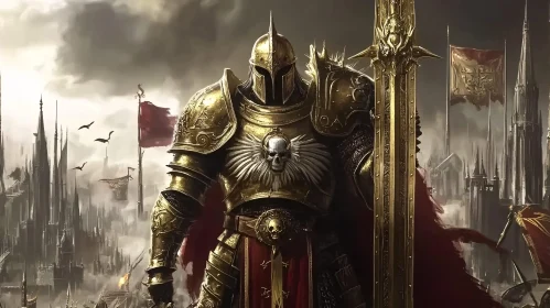 Armored Warrior with Sword and Gothic City