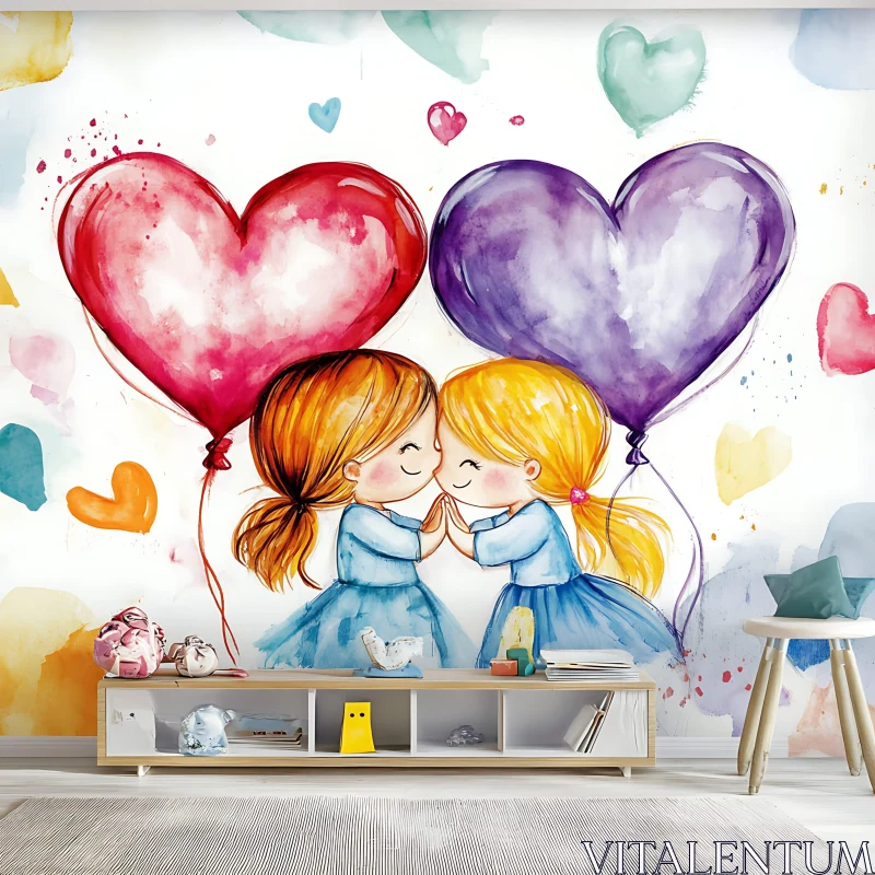 Two Girls Friendship Watercolor Illustration AI Image