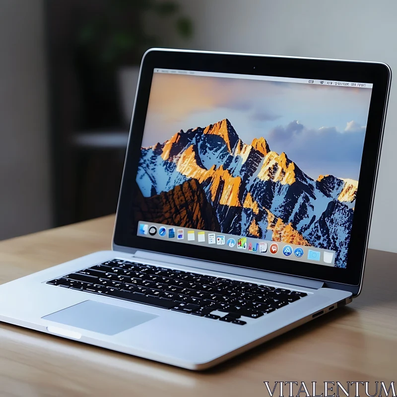 Open Laptop Featuring Mountain Landscape Display AI Image