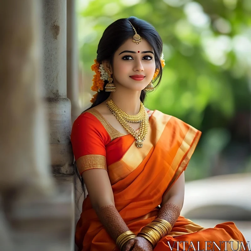 Portrait of Woman in Orange Sari AI Image