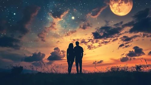 Silhouetted Lovers Stargazing at Night