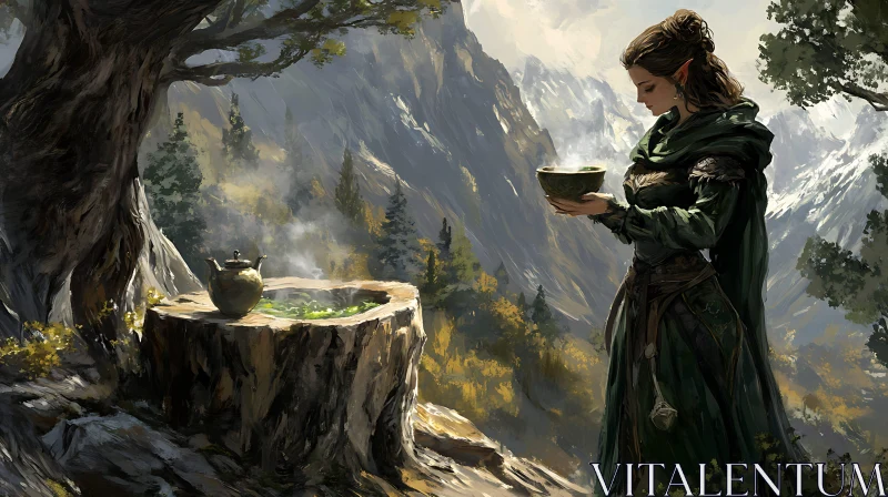 AI ART Elf Woman with Bowl in Nature