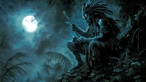 Tribal Man with Blade Under Moonlight