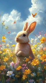 Bunny Among Flowers and Butterflies