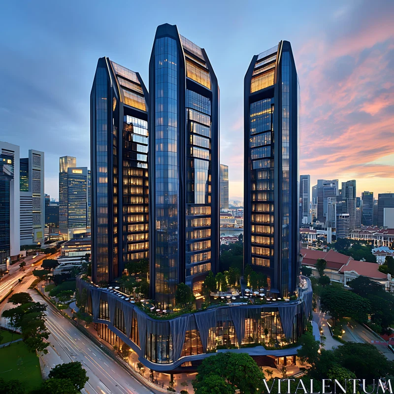 Modern Glass Skyscrapers Against Evening Sky AI Image