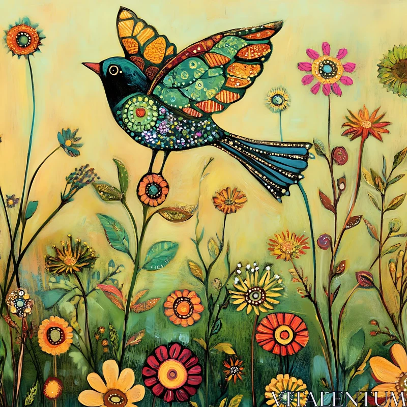 Whimsical Bird Over Floral Meadow AI Image