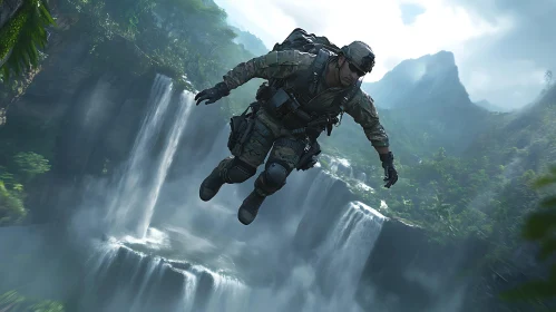 Mid-Air Soldier Above Waterfall