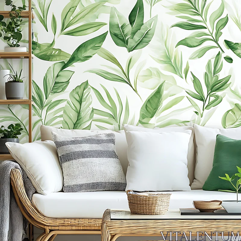 Botanical Themed Interior with Cozy Sofa and Greenery AI Image