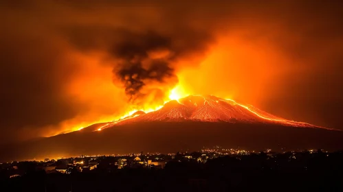 Nighttime Volcano Eruption with Glowing Lava