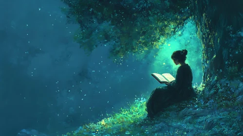 Woman Reading Book Under Tree at Night