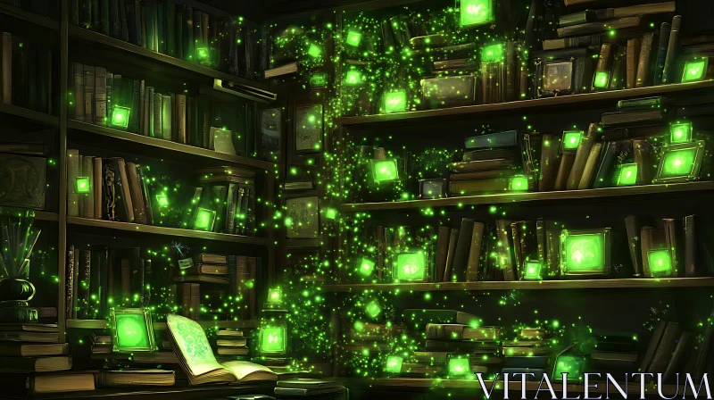 AI ART Mystical Bookshelf with Emerald Illumination