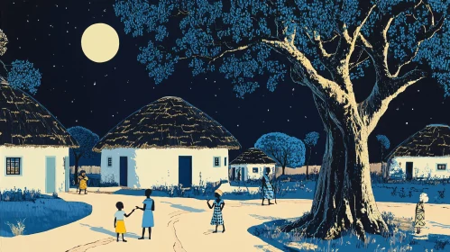 Children Playing Under Moonlight