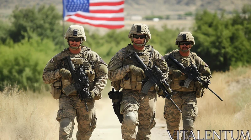 Guarding Freedom: Soldiers Marching with the American Flag AI Image