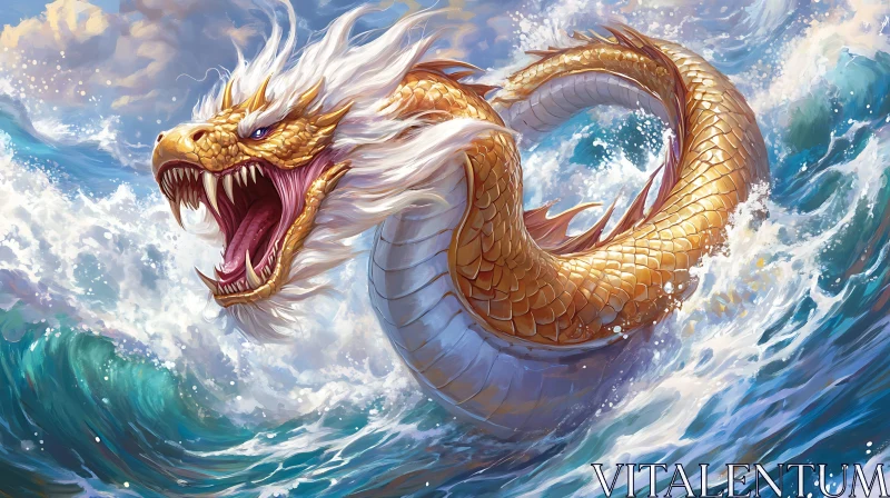 Golden Dragon Rising from the Ocean Waves AI Image