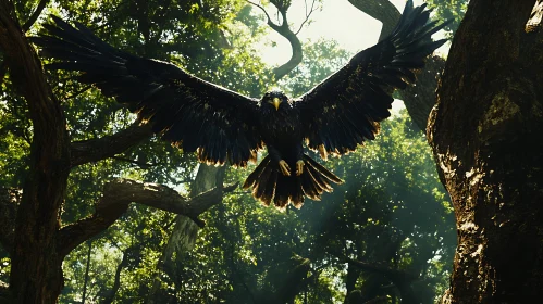 Soaring Eagle in Woodland Scene