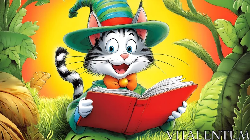 Cartoon Cat Reading Book Illustration AI Image