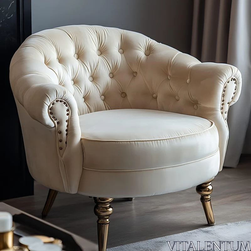 AI ART Luxurious Cream Tufted Armchair with Brass Details