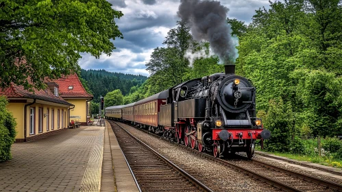 Vintage Train Arriving at Picturesque Station