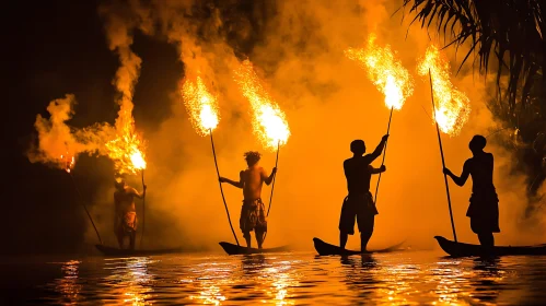 Silhouetted Figures with Torches on Canoes at Night