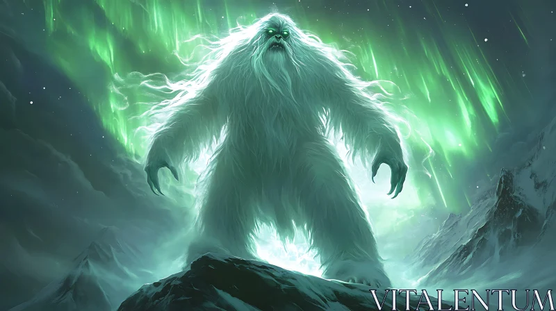 Snowy Yeti in Aurora Borealis Landscape AI Image