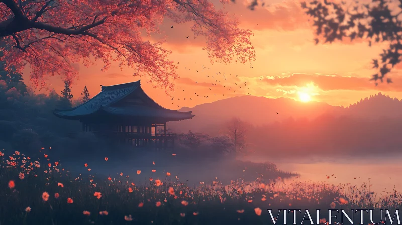 AI ART Tranquil Temple Sunset with Blooming Flowers