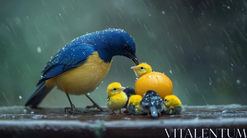 Birds family in the rain AI Image