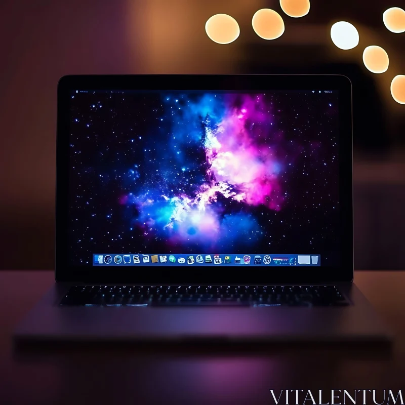 Cosmic Wallpaper on Laptop in Ambient Lighting AI Image