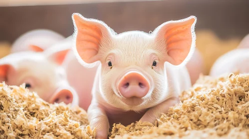 Cute Piglet Lying on Straw Bed in Farm Barn