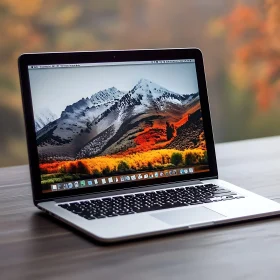 Sleek Laptop Displaying Mountain Range on Wooden Desk