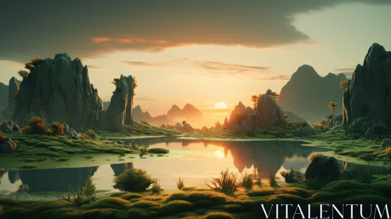 Breathtaking 3D Sunset Landscape: A Serene Nature Masterpiece AI Image