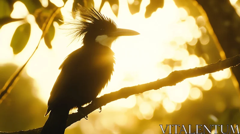 Crested Bird Silhouette on Branch AI Image