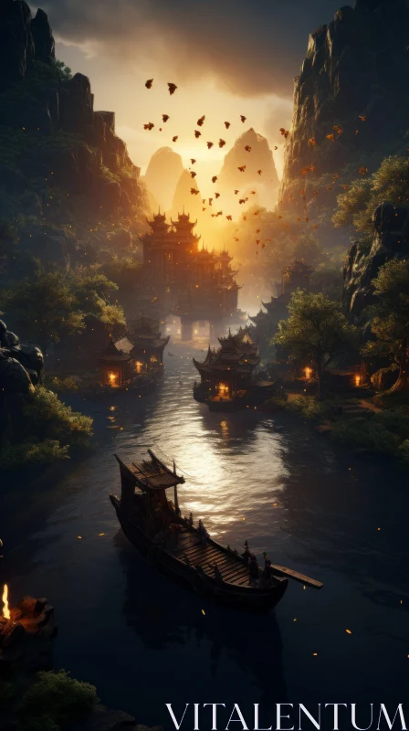 Captivating Sunset Scene: Asian Landscape with Boats | Unreal Engine 5 AI Image